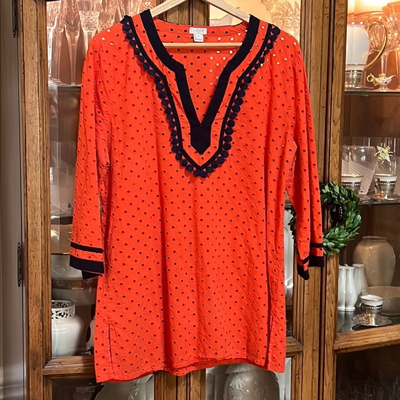 J. Crew Tops - J. Crew V neck Orange with Blue trim Eyelet Tunic Top XL